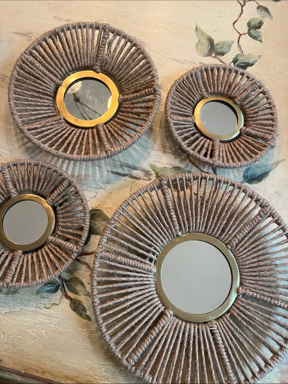 ❤️ 6 for 20 ❤️Set of 4 Neutral Rope Sunburst Mirrors with Gold Accents